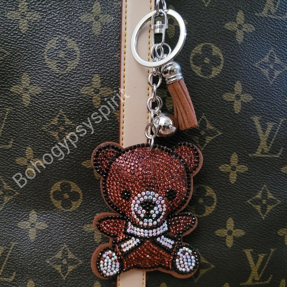 Bling Teddy Bear Crystal Rhinestone Keychain Bag Charm With Brown Tassel - Picture 3 of 11